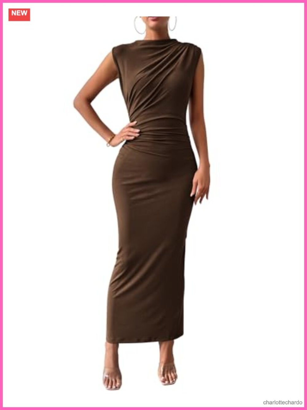 Women Ruched Bodycon Maxi Dress High Neck Sleeveless Back Slit Casual